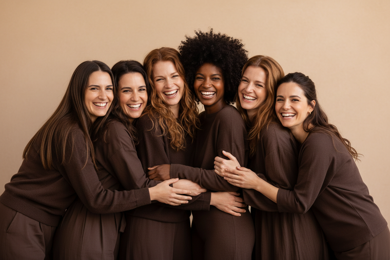 Gruppo di donne adulte di diversi colori di pelle e diversi tipi di capelli sani che si abbracciano e sorridono. Vestite in marrone testa di moro, Sfondo immagine beige.